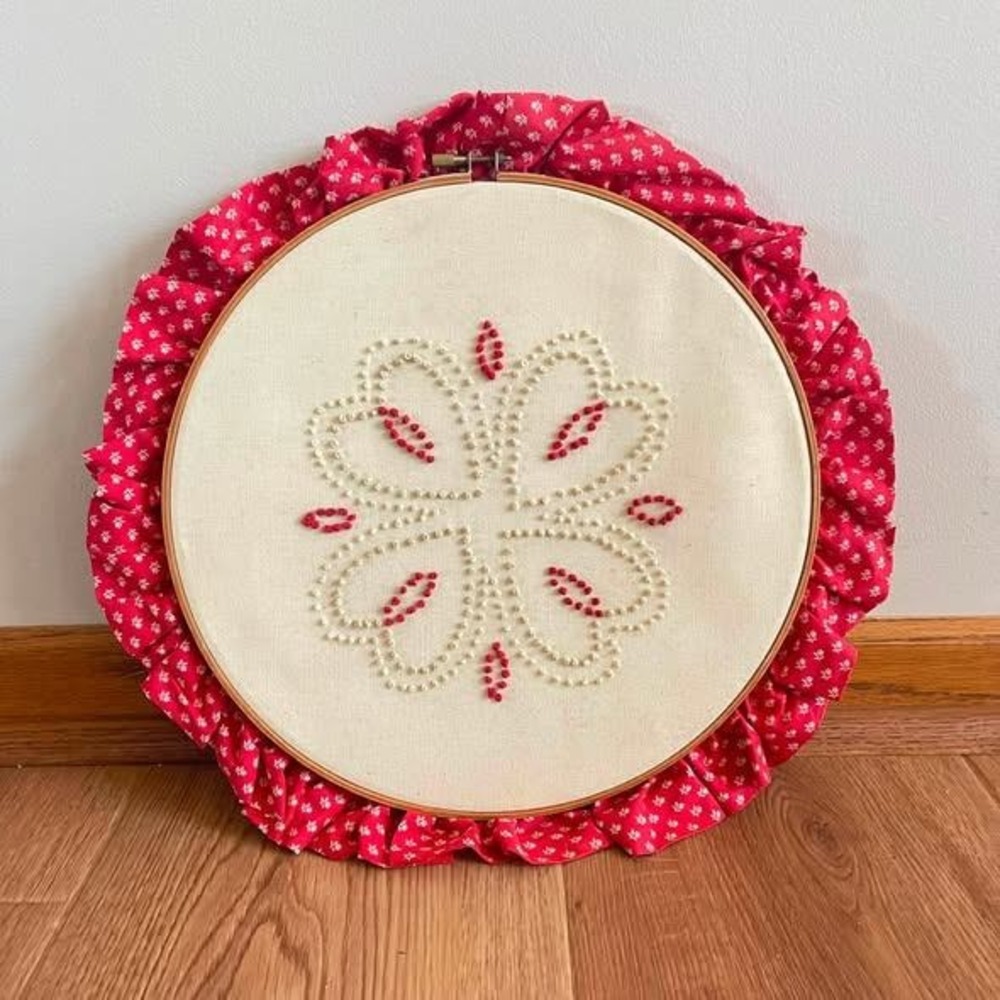 VTG Handmade Embroidered Hoop 12" Round Cream Red Hearts Ruffles Cottagecore